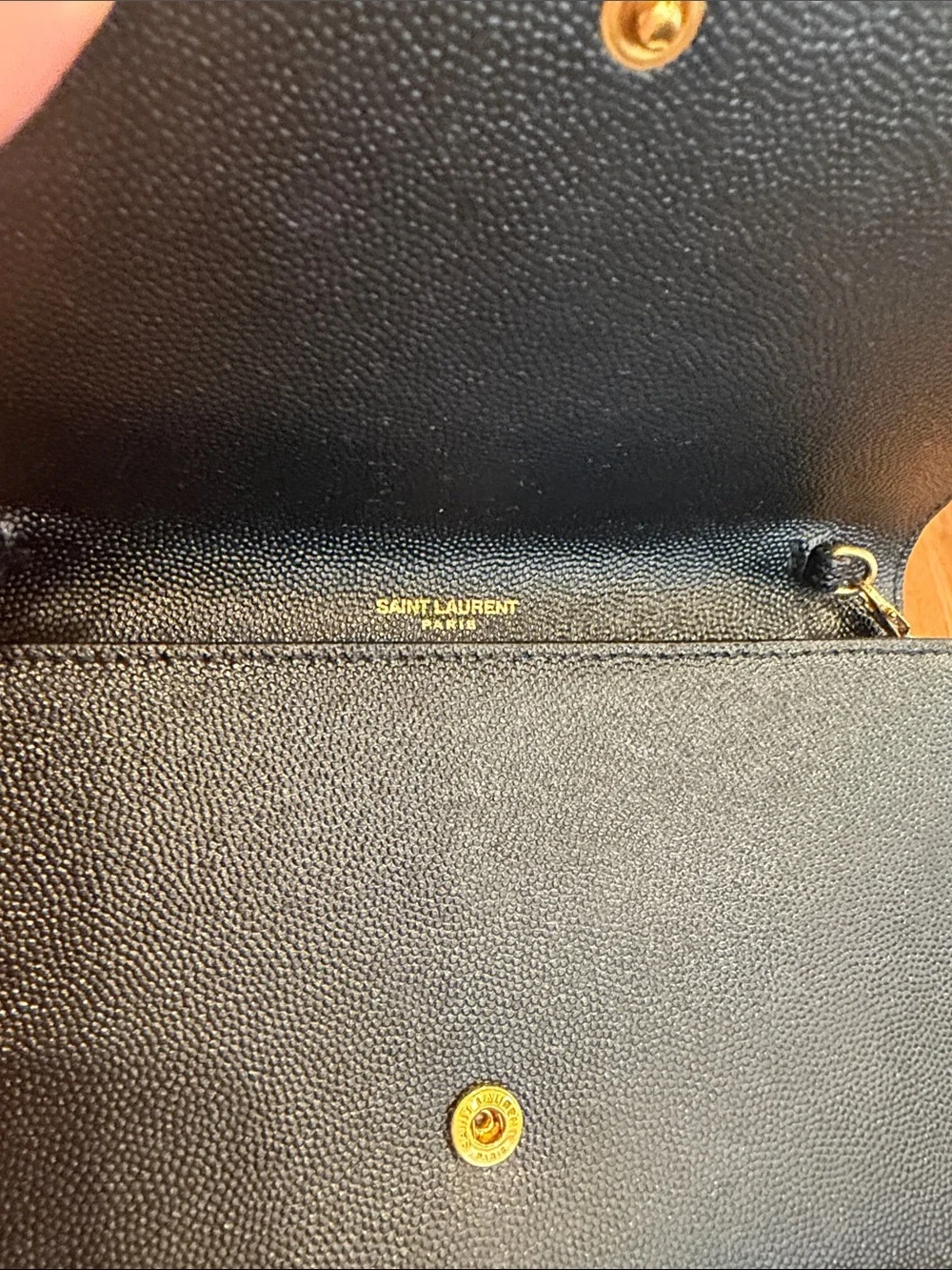 YSL Yves Saint Laurent Black Grain Leather Wallet-on-Chain with Gold Logo